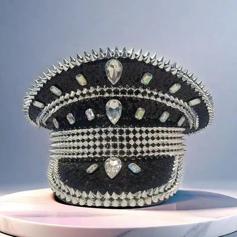 Black Silver Punk Rivet Festival Captain Hat Handmade Rhinestone Masquerade Wedding Military Cap Music Festival Sergeant Hat