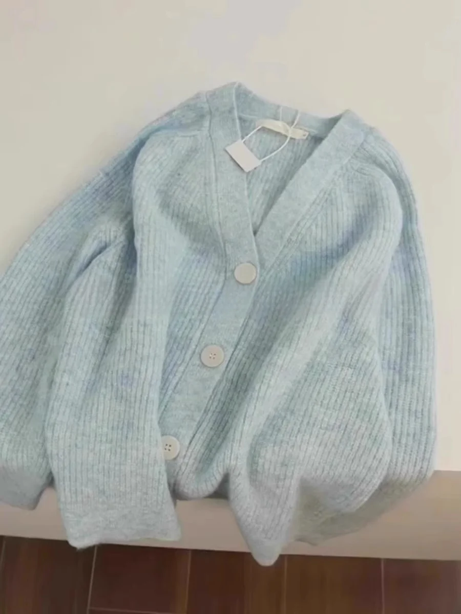 Soft Blue Gradient V-Neck Knitted Open Cardigan Women's Loose Comfortable Autumn Winter Sweater Jacket Super Beautiful