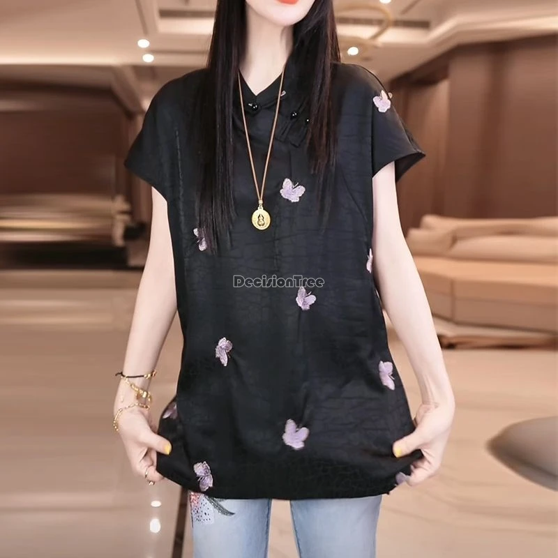 2026 creative women's new chinese embroidery top women's summer t-shirt fashion shirt top female simple short sleeved qipao top