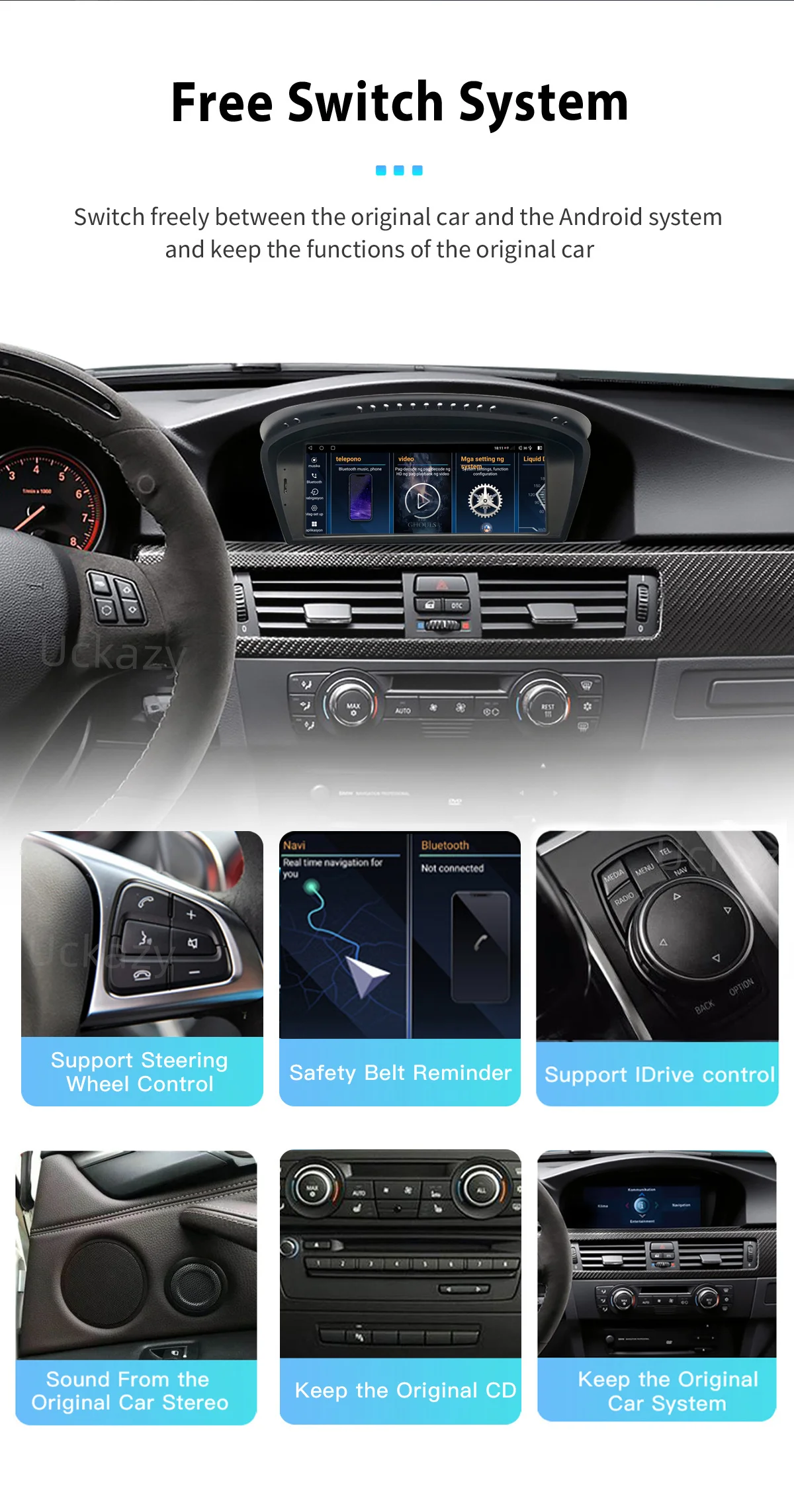 8Core Android 13 Car Multimedia Player For BMW Series 5/3 E60 E61 E62 E63 E90 E91 Stereo Screen GPS Navigation  Wireless Carplay