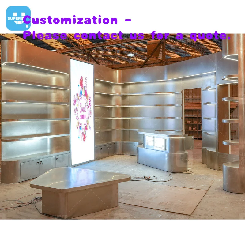 custom.Durable Stainless Steel Snack Interior Decoration Sweets Store Furniture Customized Led Lighting Candy Shop Display Shelf
