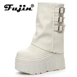 Fujin 14cm New Ankle Booties Shoes Natural Genuine Leather Boots Women Motorcycle Boots Platform Ladies Fashion Botas Winter