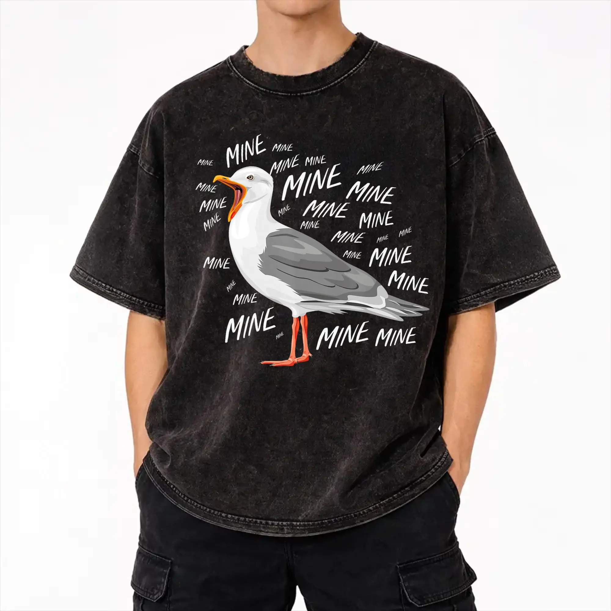 Summer Funny Seagull Mine  Washed T Shirt Outfit Harajuku T-Shirts  for Men Women Tee