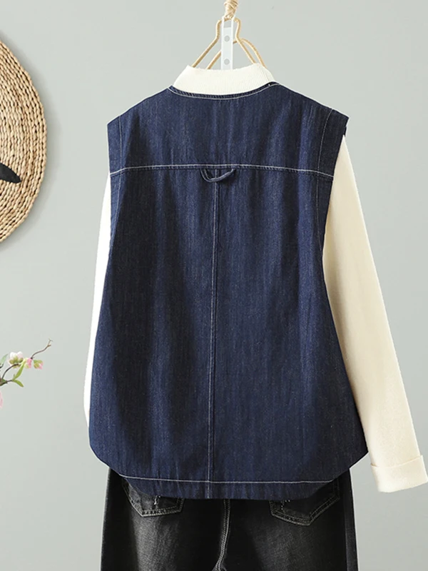 芸術的なポケットデザインのデニムベストジャケット、大きいサイズ、レディース、シングルボタン、ラウンドネック、ノースリーブ、肩パッド、秋ファッション