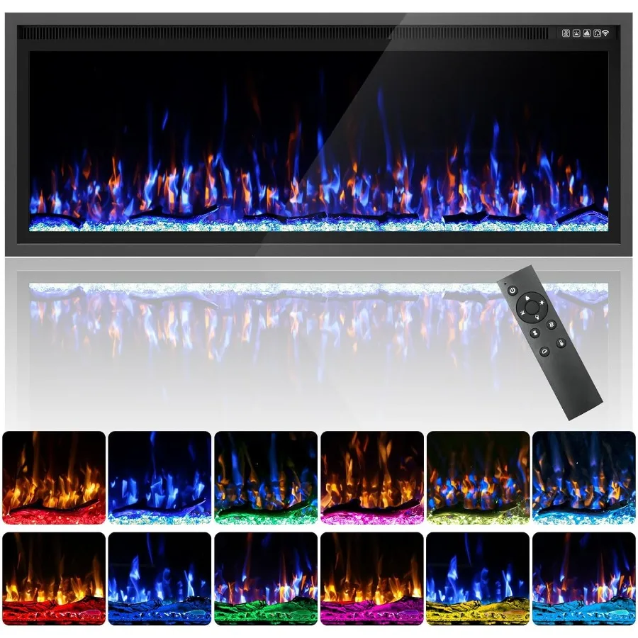 

50'' Luxury Electric Fireplace with Wall Mounted and Recessed UltraSlim Design Featuring Realistic Log and Crystal Effects Remo