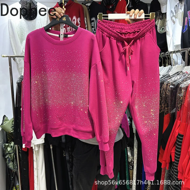 

Blingbling Full Diamonds Hot Drilling Long Sleeve Loose Hoodie Pullover Top Drawstring Elastic Waist Casual Long Trousers Sets
