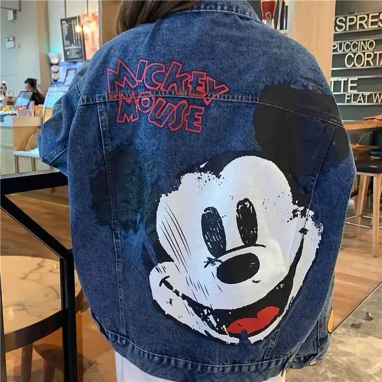 Nowe Disneys Mickeys nadruk z myszką kurtka dżinsowa dla kobiet wiosna jesień w stylu BF kurtka dżinsowa na co dzień Hip Hop koreański modny Top