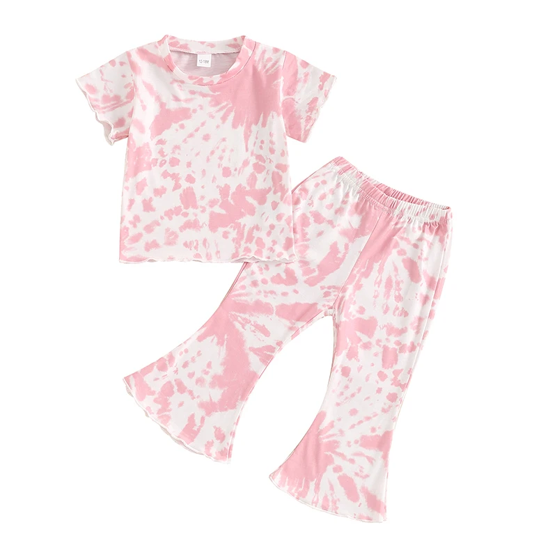 Kid Girls Pants Set Tie-dye Print Short Sleeve Crew Neck T-shirt with Flare Pants Summer Outfit