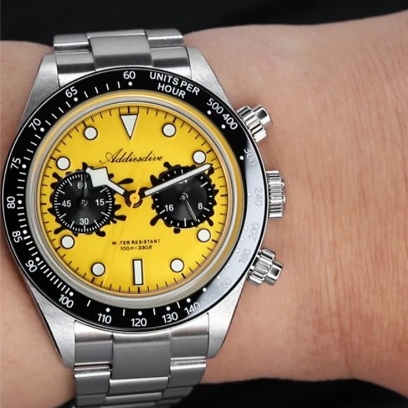 

Часы ADDIESDIVE “Paint Bucket” VK64 Chronograph 40 мм для мужчин, водонепроницаемые до 100 м, из нержавеющей стали 316L, с синим люминесцентным покрытием BGW9, кварцевые.