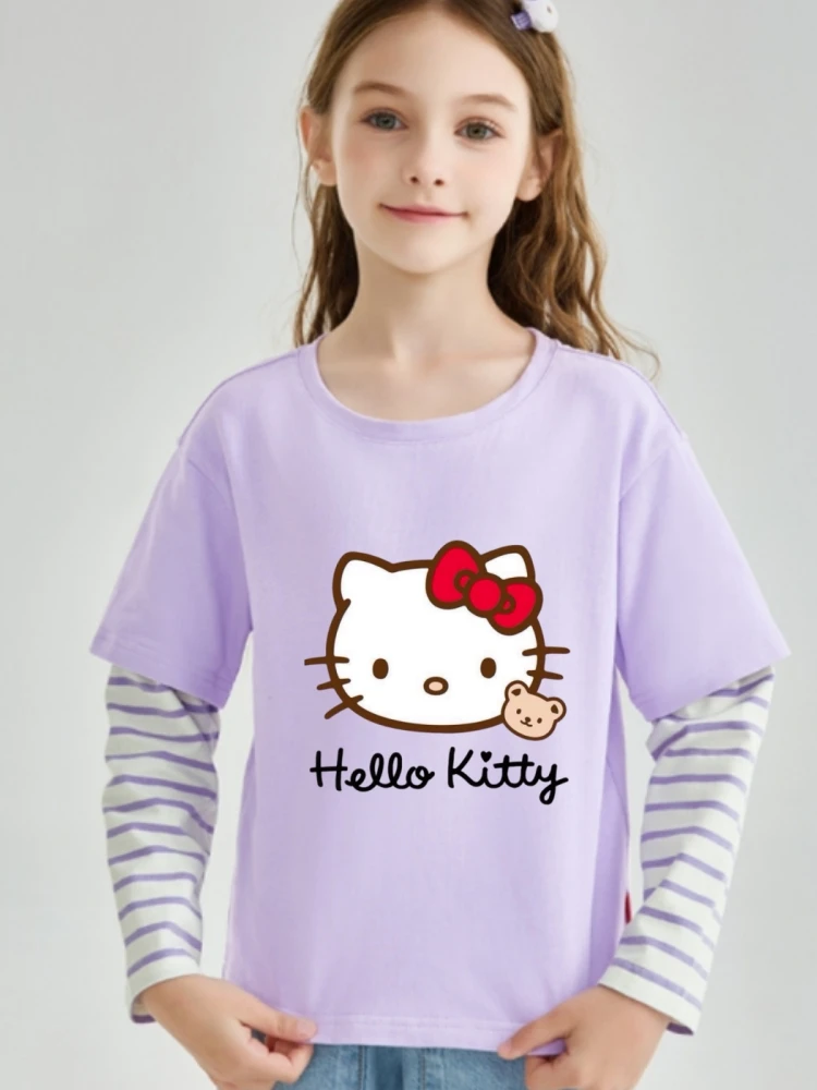

Sanrio, осенняя хлопковая одежда для маленьких девочек, детский пуловер с принтом «Hello Kitty», детские футболки с длинными рукавами в полоску из 2 предметов, топ