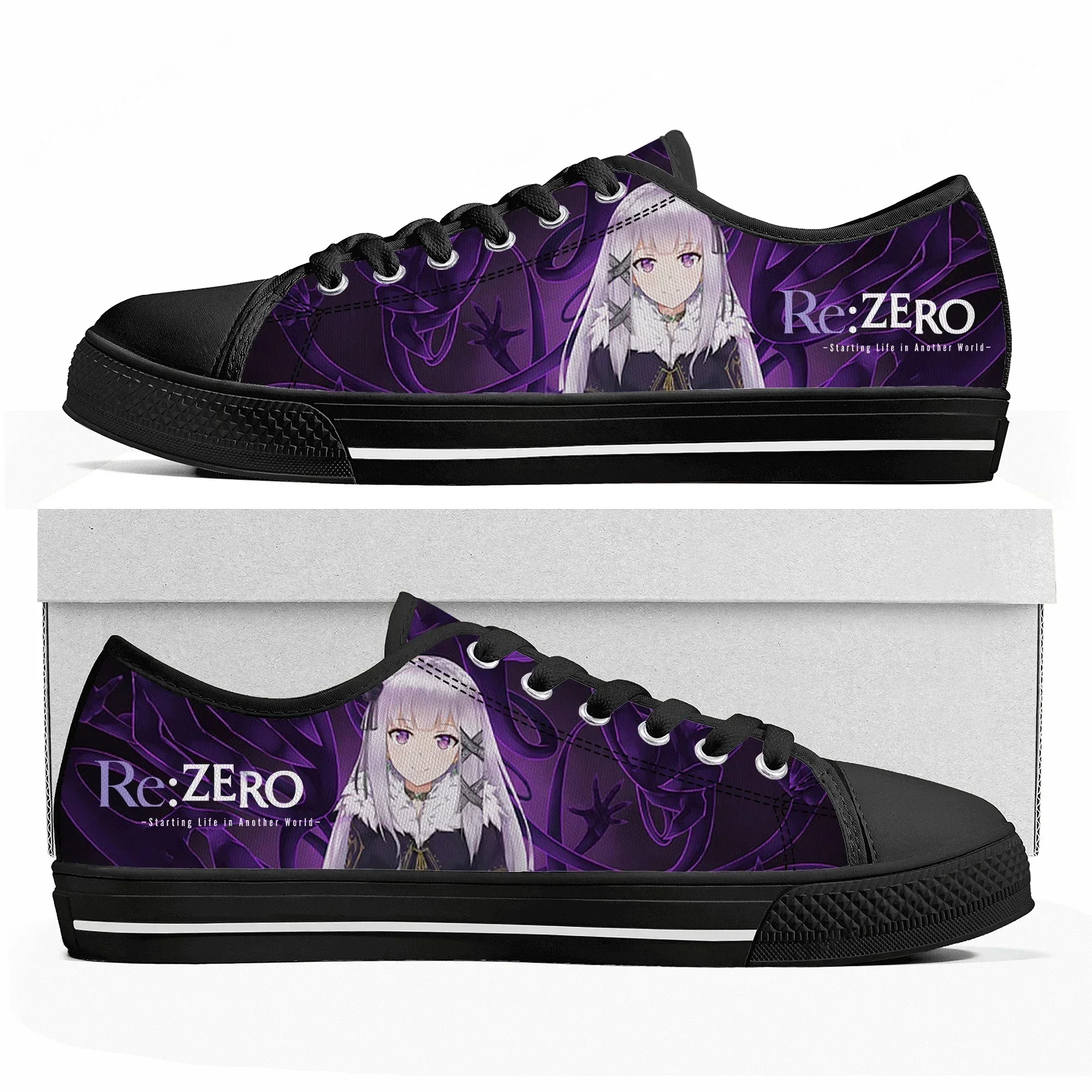

Кроссовки Re:Zero Low Top для женщин и мужчин, высококачественные парусиновые кеды Emilia, повседневная обувь в стиле аниме и манга, обувь с индивидуальным дизайном