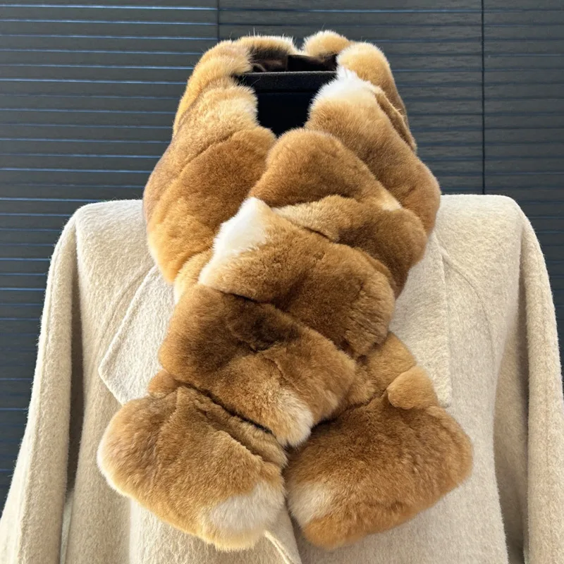 Real Rex Rabbit Fur Scarf Double‑sided Fashion Fur Scarf For Women Thickened And Keep Warm Scarves Casual Outdoor For Ladies