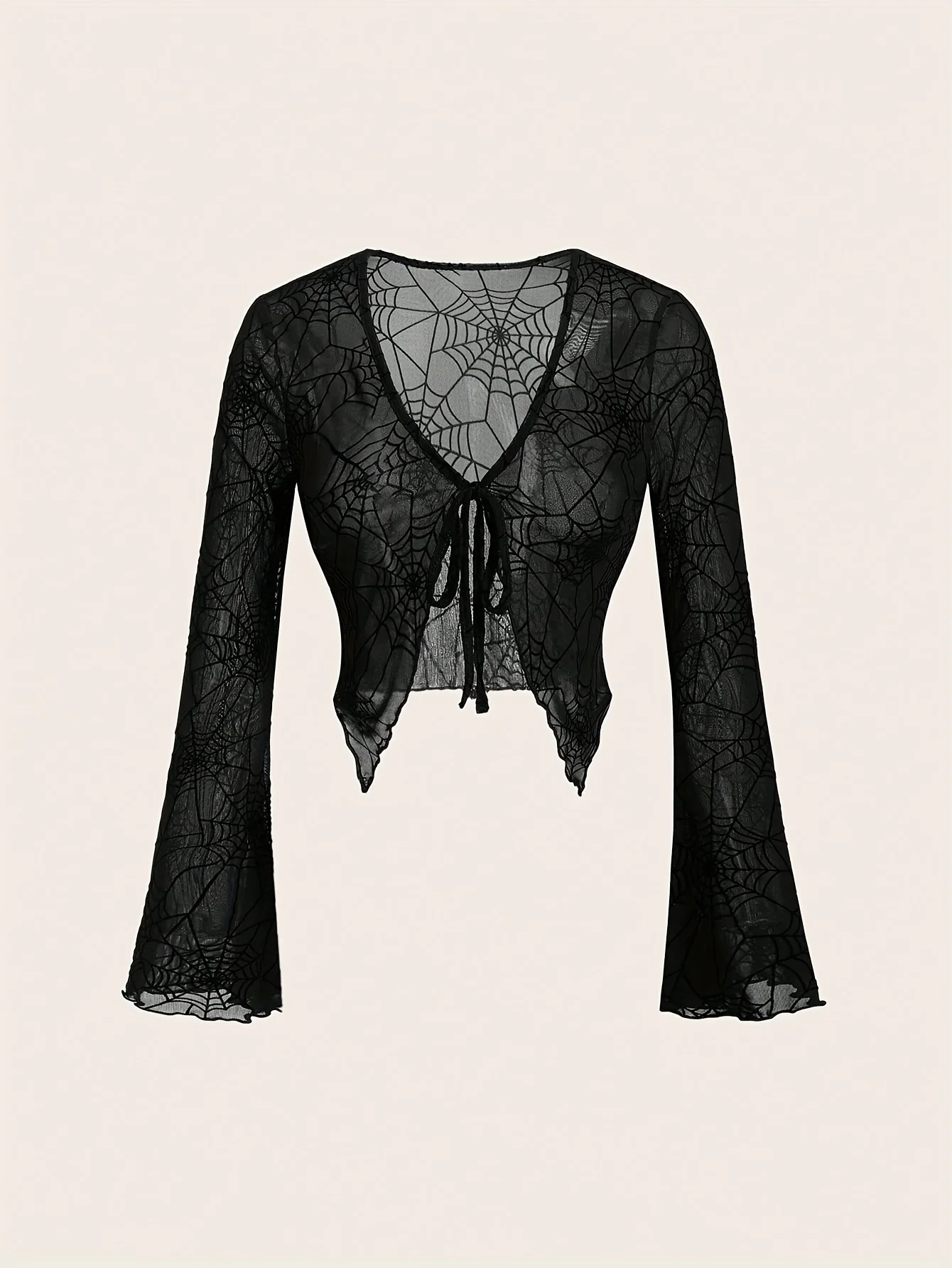 Gothic-style women's long-sleeve T-shirt, suitable for Halloween themes, elegant parties and role-playing costumes, festival outfits. It is a V-neck top with a spider web pattern and a lace-up design on the front placket