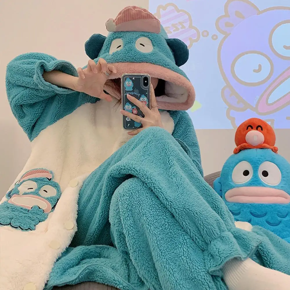 

Kawaii Hangyodon Women 2Pcs Plush Pajamas Set Autumn Winter Thicken Hooded Homeclothes Girls Thicken Cute Sleeping Gown Pants