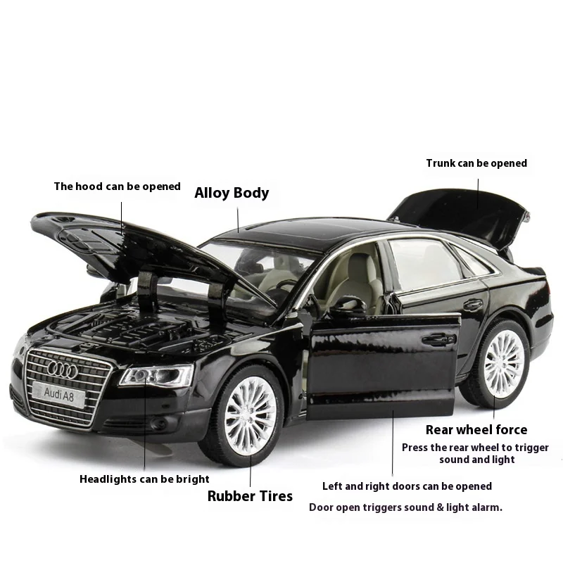 Diecast 1:32 audi a8 liga modelo de carro puxar para trás som e luz simulação modelo de carro brinquedo das crianças em miniatura voiture decoração de casa