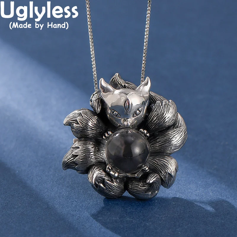 

Uglyless Dual-use Nine Tails Fox Pendants Necklaces Women Magic LOVE Goddess Brooches NO Chains 925 Silver Animals Crystal Balls