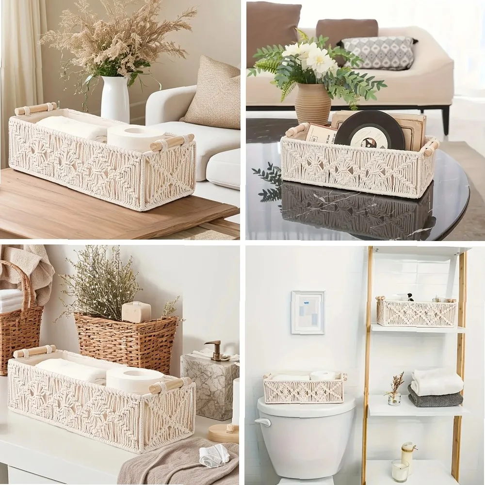 

Handwoven Storage Basket, Grid Desktop Organizer, Multi-Purpose Bin for Laundry & Misc Items