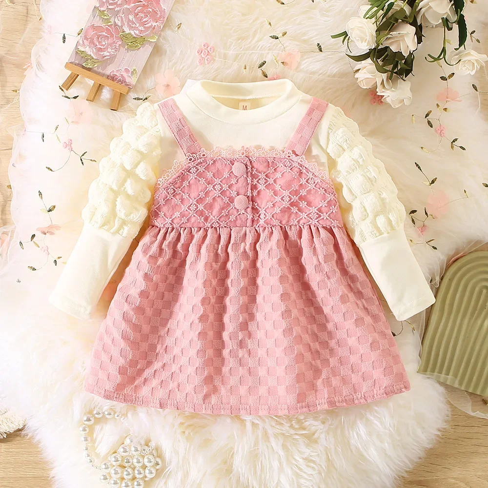 Autumn/winter New Girls\' Dress Fake Two Sets Button Back Lace Flower Plaid Pattern Plaid Sleeves Sweet Princess Dress