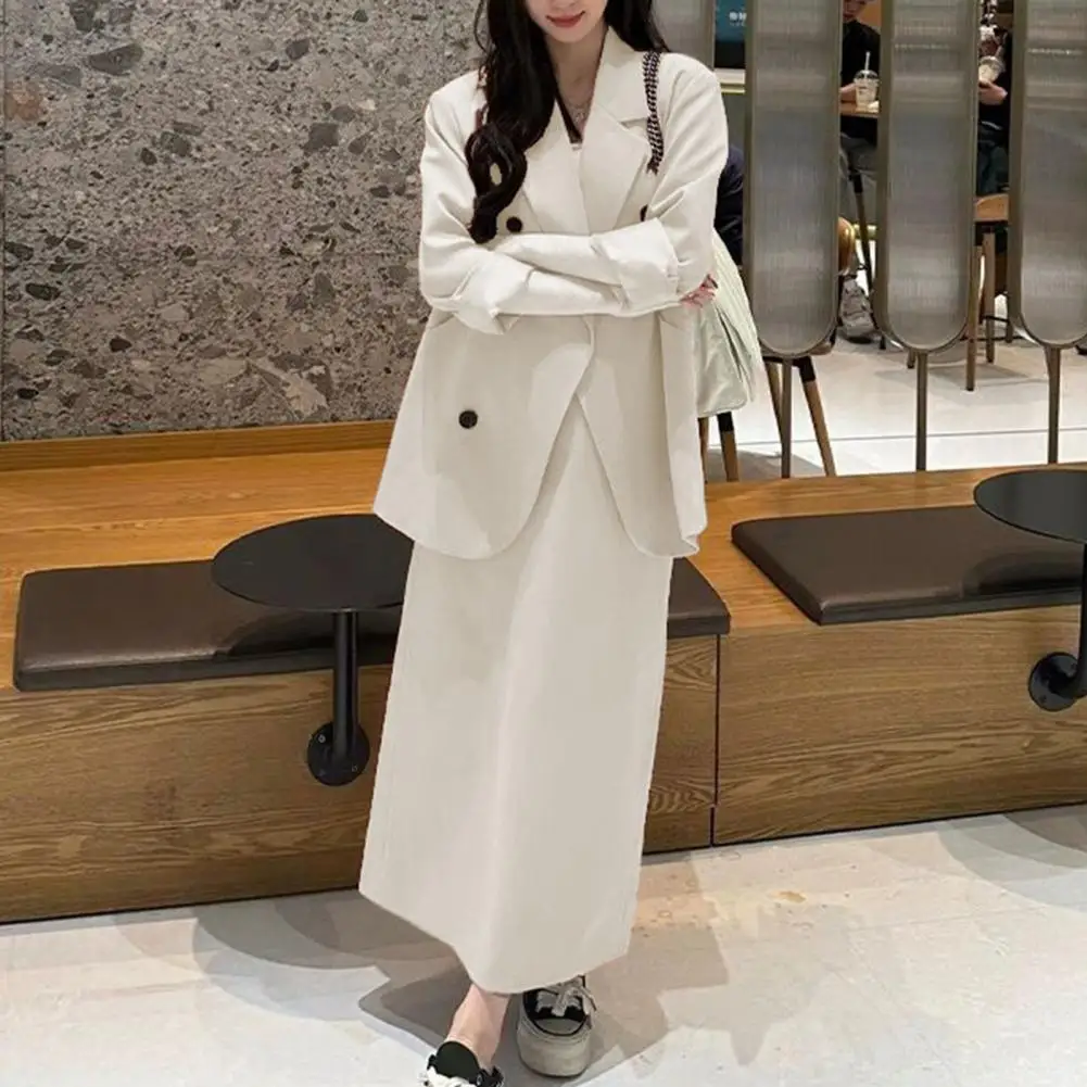 Conjunto de 2 unidades de traje y falda para mujer, chaqueta de longitud media con solapa de manga larga y doble botonadura, conjunto de falda holgada de cintura alta, Busine Formal