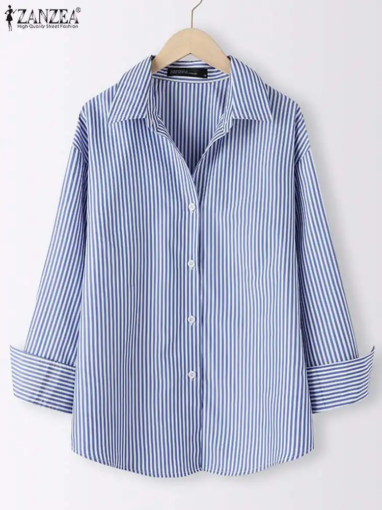 ZANZEA Women Striped Blouse 2023 Summer Elegant Shirts Casual Loose Long Sleeve Fashion Button Up Tunic Tops Blusas Femininas