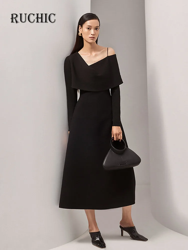 

Autumn 2024 New Tide Women’s Fashion Dress Diagonal Collar Cloak Sleeves Texture Sensation Slim Mid-calf Dress