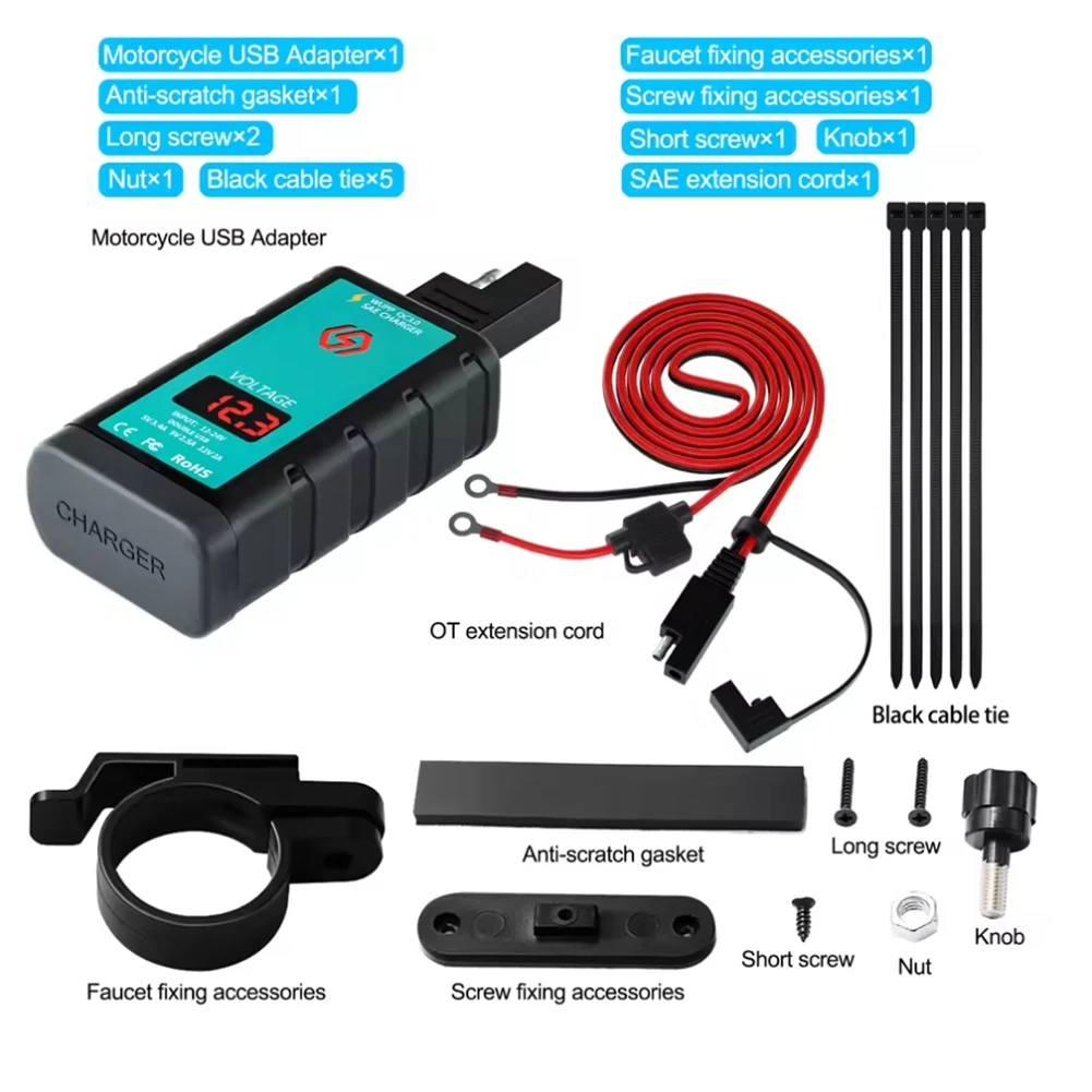 Stable-Fast QC3.0 Motorcycle USB & Type-C With Voltmeter, IP66 Waterproof, 12V-24V, On/Off Switch For Phones