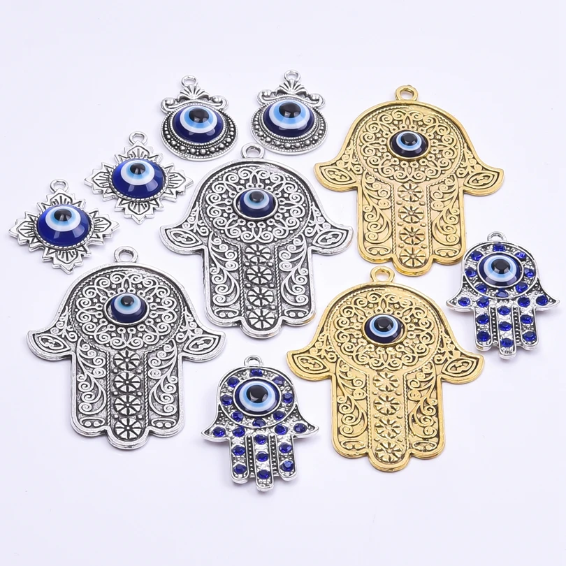 5Pcs/Lot Lucky Big Hamsa Palm Protection Amulet Charms With Evil Eye Beads Ancient Fatima Hand Pendant For Jewelry Accessories