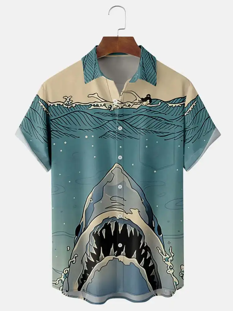 

2024 Hawaii Hot selling Shirt Men's Summer Vacation Shark 3D Printed Short Sleeve Collar Large T-shirt S-5XL Quick Shipping