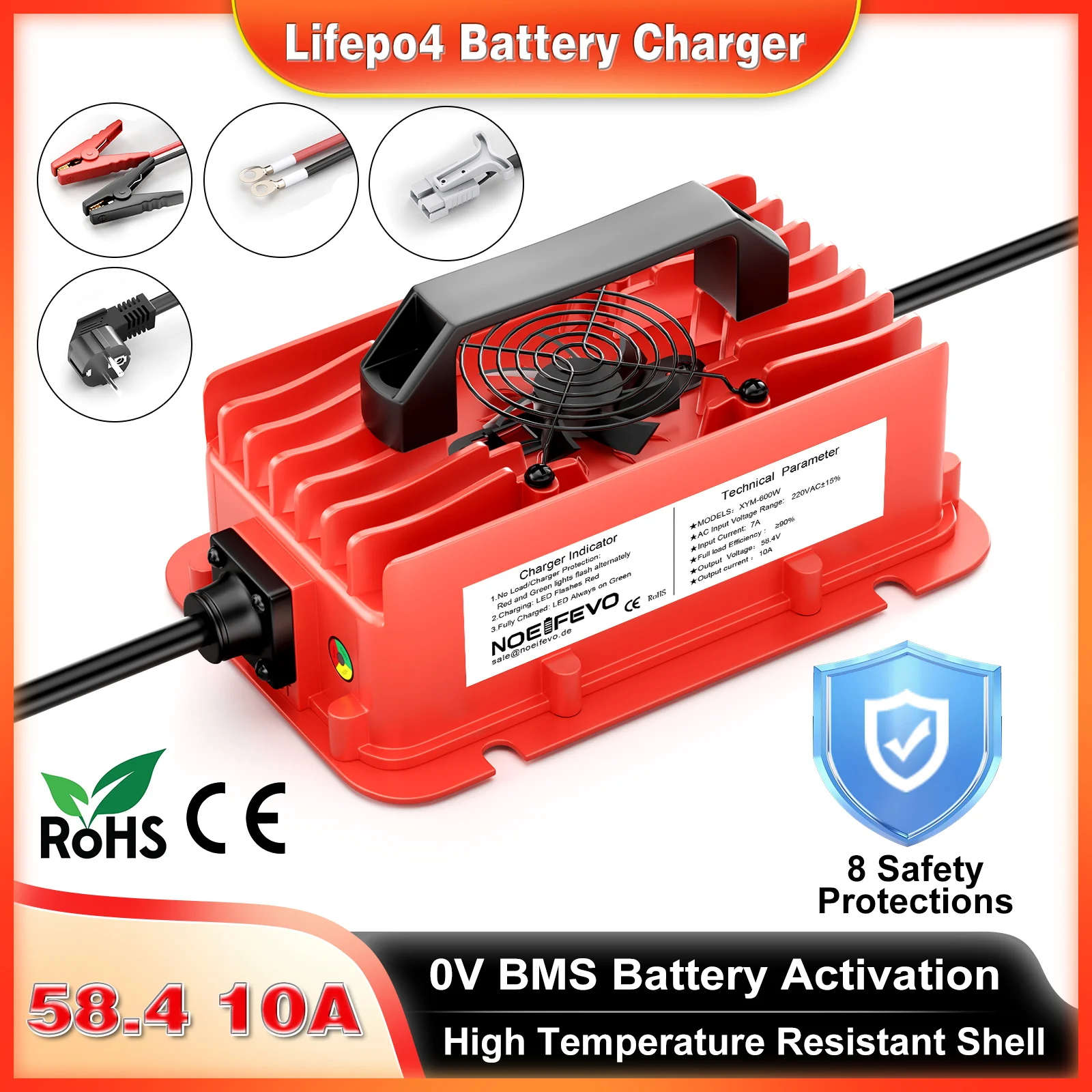 Caricabatterie NOEIFEVO 48V (51.2V) 15A 10A per batterie al litio LiFePO4, tensione di carica 58.4V, impermeabile IP65, BMS attivato a 0V