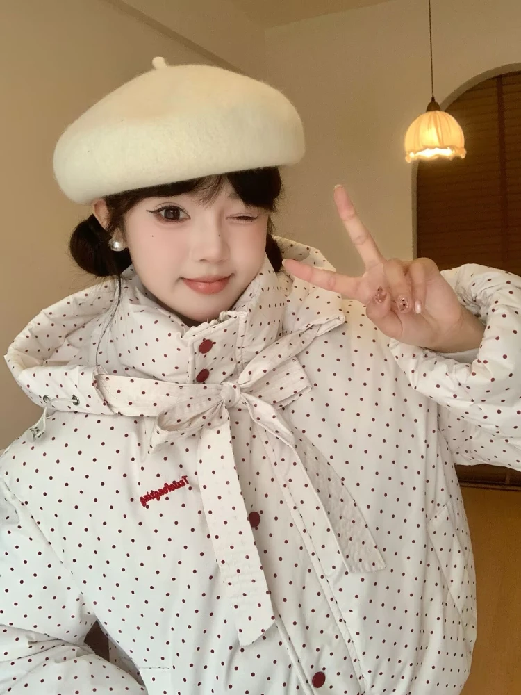 

Sweet Polka Dot Parkas Women Winter Kawaii Hooded Thick Puffy Coats Y2K Korean Fashion Warm Female Outwear Clothes 2025