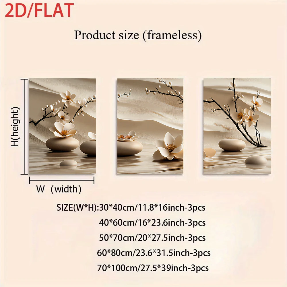 (3PCS Unframe)1 set of Neo-Chinese Zen-inspired Magnolia Flower Triptych Frameless Decorative Paintings, Modern Minimalist 2D Fl
