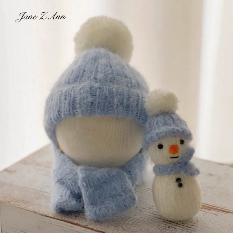 

Winter newborn photography props set blue hat scarf snowman doll Christmas baby photo shoot outfit infant photo costume 2 sizes
