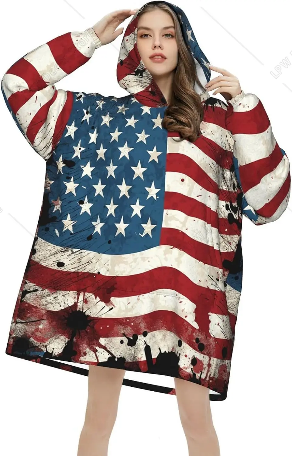 Vintage American Flag Wearable Blanket Hoodie Oversized Sweatshirt Blanket Cozy Warm Sherpa Hooded Blanket With Pocket