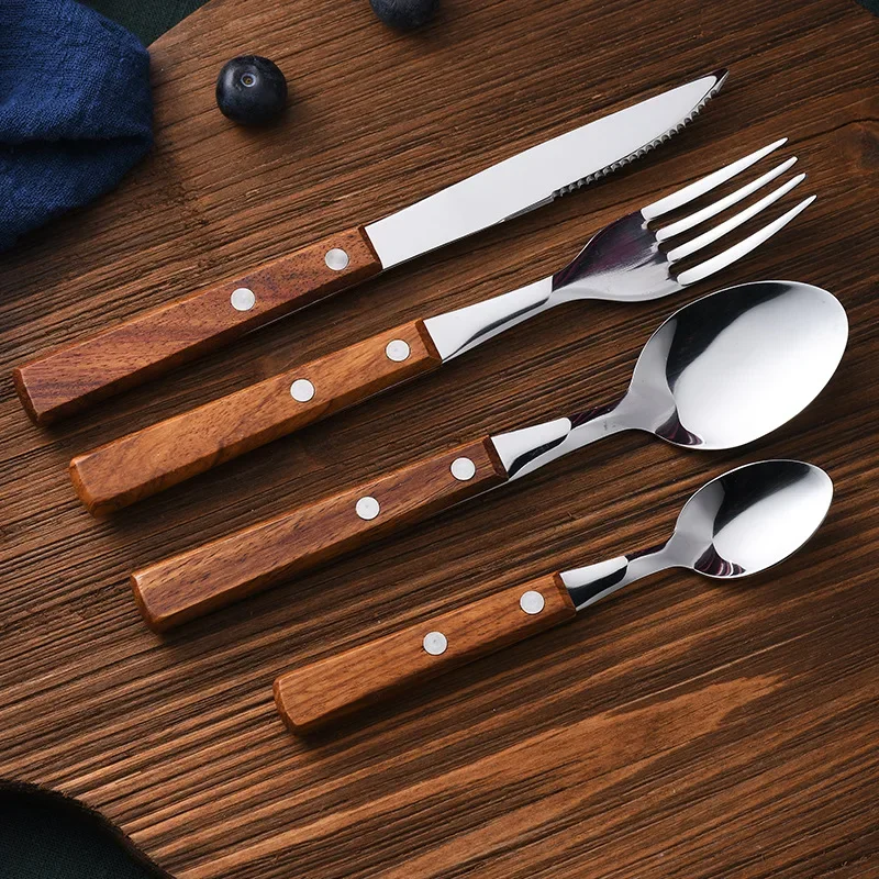 Premium 4-Piece Stainless Steel Cutlery Set with Wood Handles - Ideal for Dining, Desserts, and Kitchen Supplies