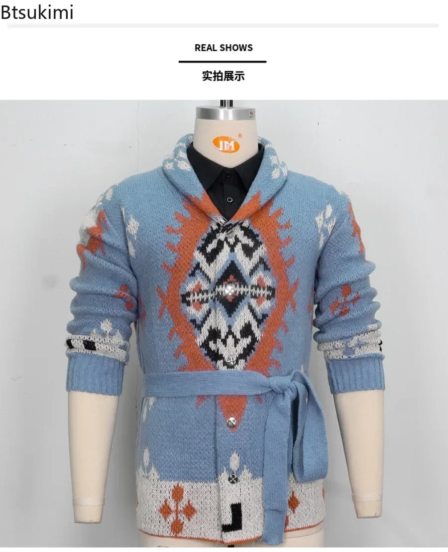 American Retro Heavy Jacquard Knitted Sweater for Men Autumn Winter Fashion Mid-length Cardigan Thicken Casual Sweater Coat Male