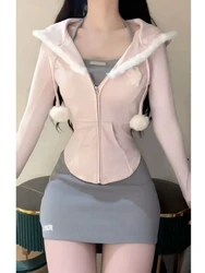 2024 Japanese Style Kawaii 3 Piece Set Hooded Cute Pink Coat + Casual Vest + Y2k Mini Skirt Sweet Fashion Suit Woman Chic