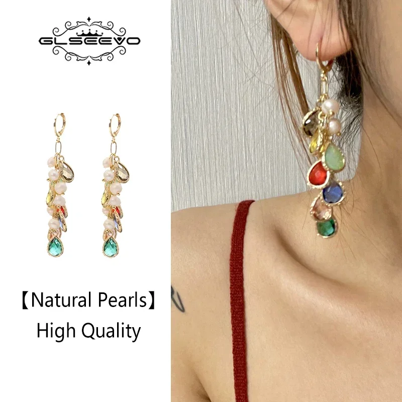 GLSEEVO 925 Silver Colorful Water Drop Pearl Woman Earrings Korea Metal Chain Exquisite Personality Temperament Banquet Jewelry