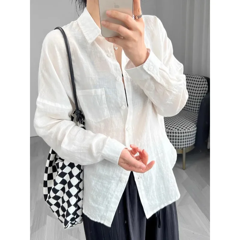 

Women's Linen Blouse Cotton Linen Sun Protection Shirt Long Sleeve Top Summer Spring Autumn Casual Loose Fit Button Down Shirt