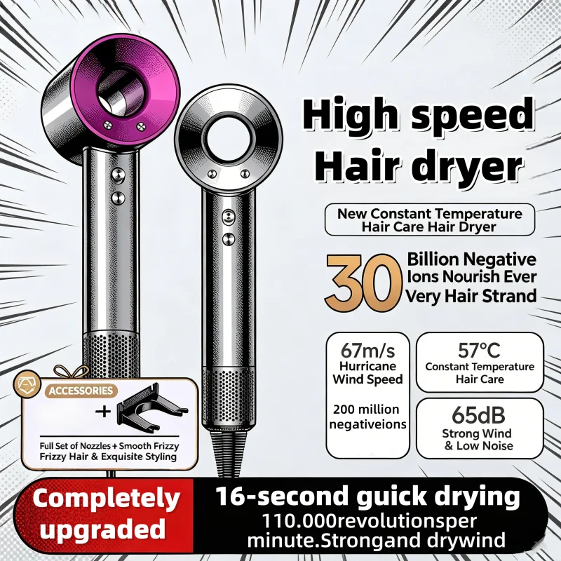 

Leafless constant temperature hair dryer for personal hair care and styling; home professional hair style accessories kit (5+1)