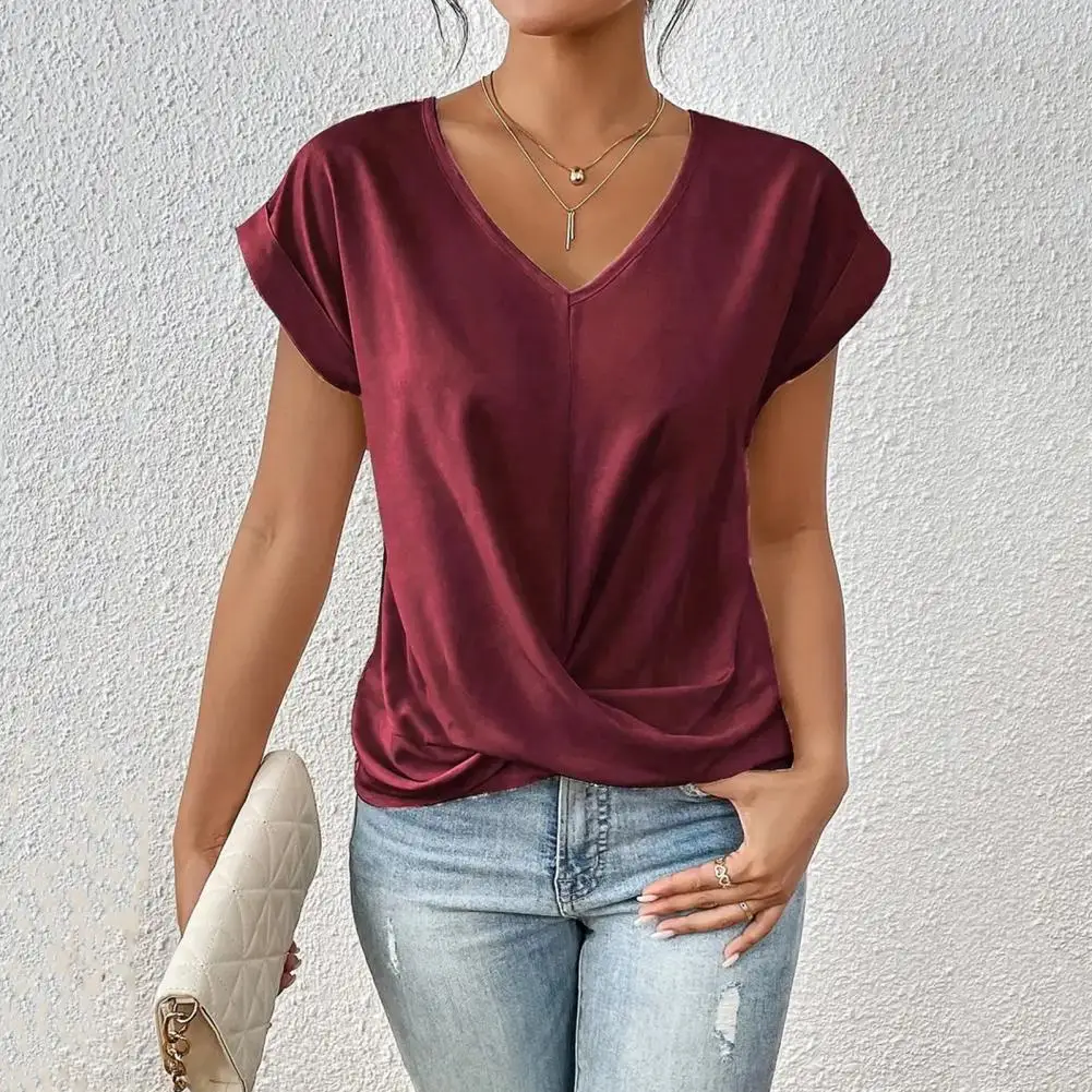 Summer Solid Color Shirts Comfortable Breathable Tops Stylish Summer V Neck Shirts for Women Breathable Tops Versatile for Jeans