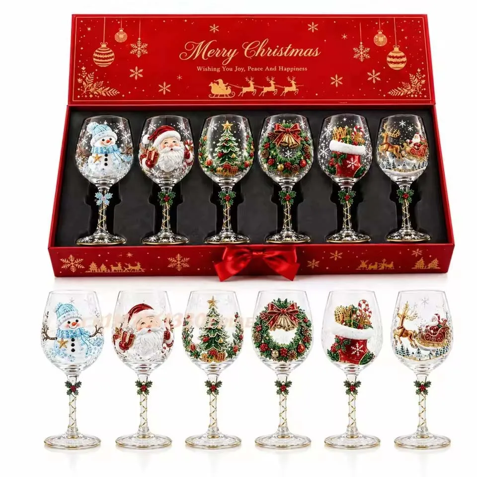 Novelty Christmas Wine Glasses Single & 6Pcs Gift Box Set,Christmas Stocking Tree Wreath Goblet for Christmas Party Decoration