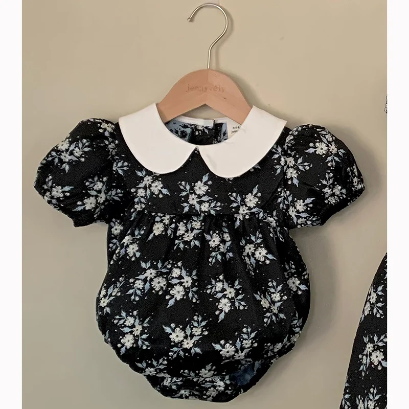 Autumn Infant Clothes Sister Look Black Flowers Embroidery Baby Girl Petal Collar Romper Elegant Princess Birthday Party Dress