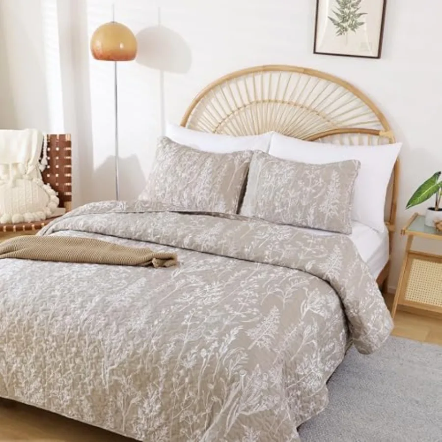 

Комплект стеганых одеял Queen Size цвета овсянки с белым цветочным узором, из микрофибры, легкий, 3 предмета, R