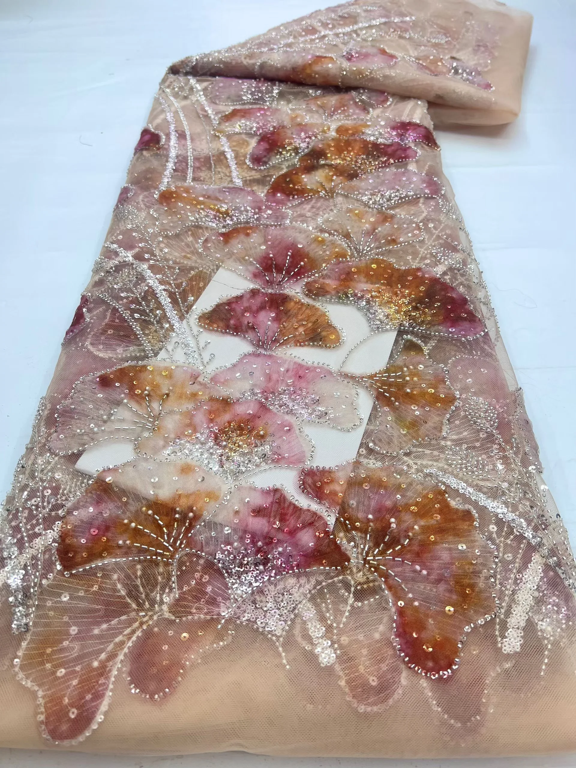 

Luxury Beads Lace Fabric 2026 High Quality Lace African Fabric 5 Yard Embroidery Mesh Dress Fabric For Wedding Party