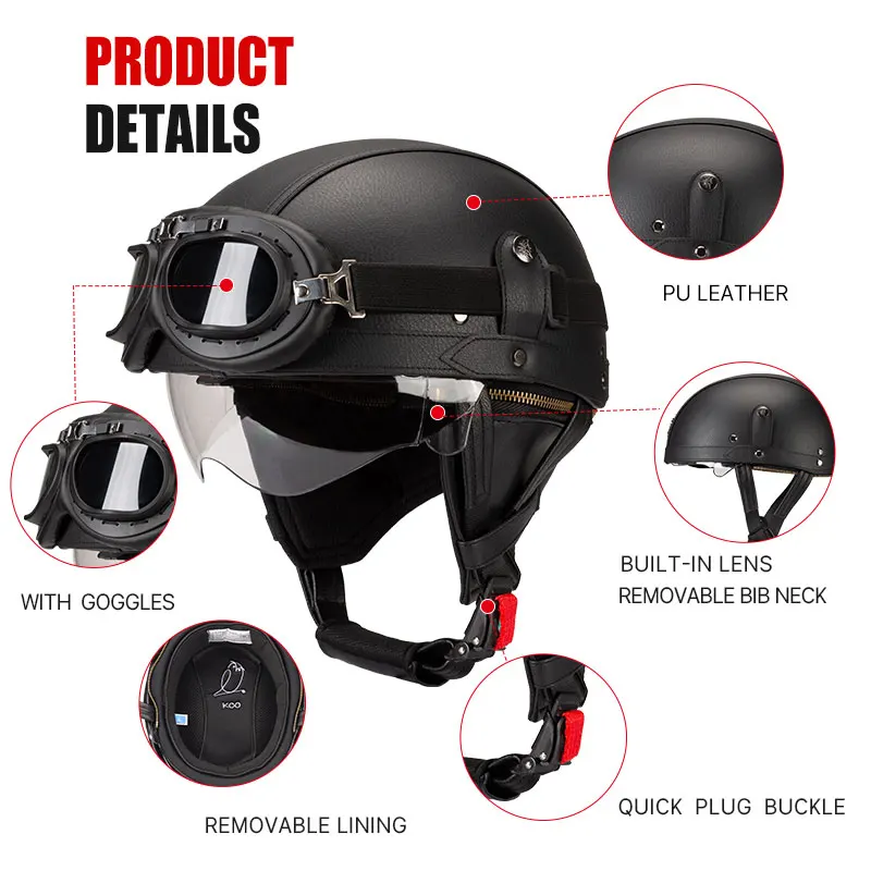 New PU Leather Motorcycle Helmets Scooter Vintage Helmet Motorbike Half Helmets Crash Cascos Para Motos with DOT Certification