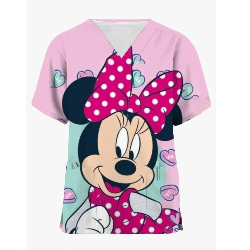 Disney Minnie Pet Hospital Work Clothes Women Short-sleeved Tops Stretch Nurse Uniform Dental Clinic Mickey Mouse Surgical Gown