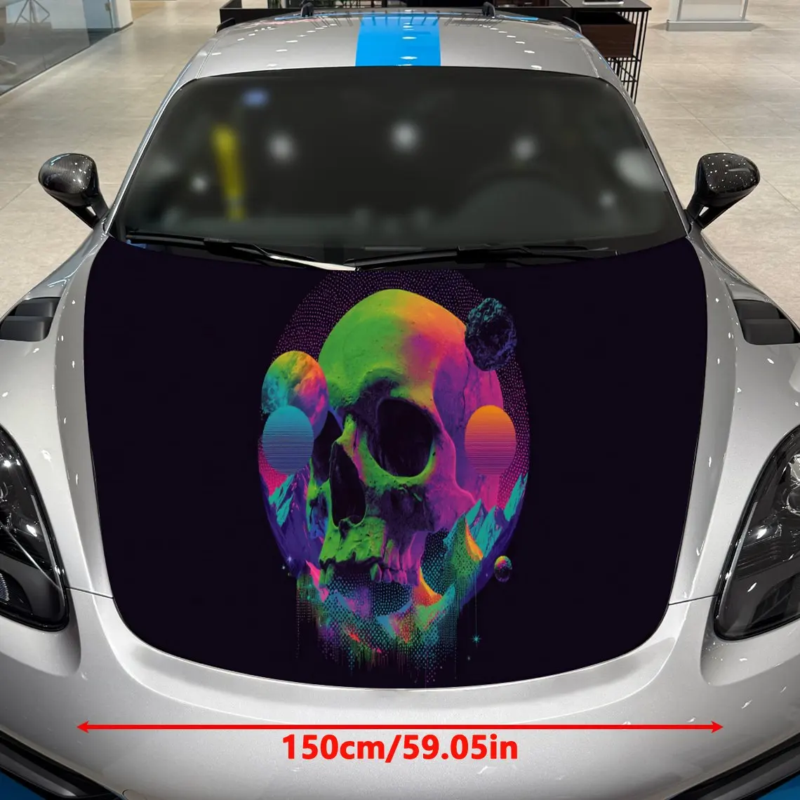 غطاء غطاء محرك السيارة على شكل جمجمة نيون كوزميك، ملصق غطاء محرك السيارة النابض بالحياة وكواكب جالاكسي والجبال، ملحق خارجي للسيارة الخيال العلمي، مقاوم للماء #2