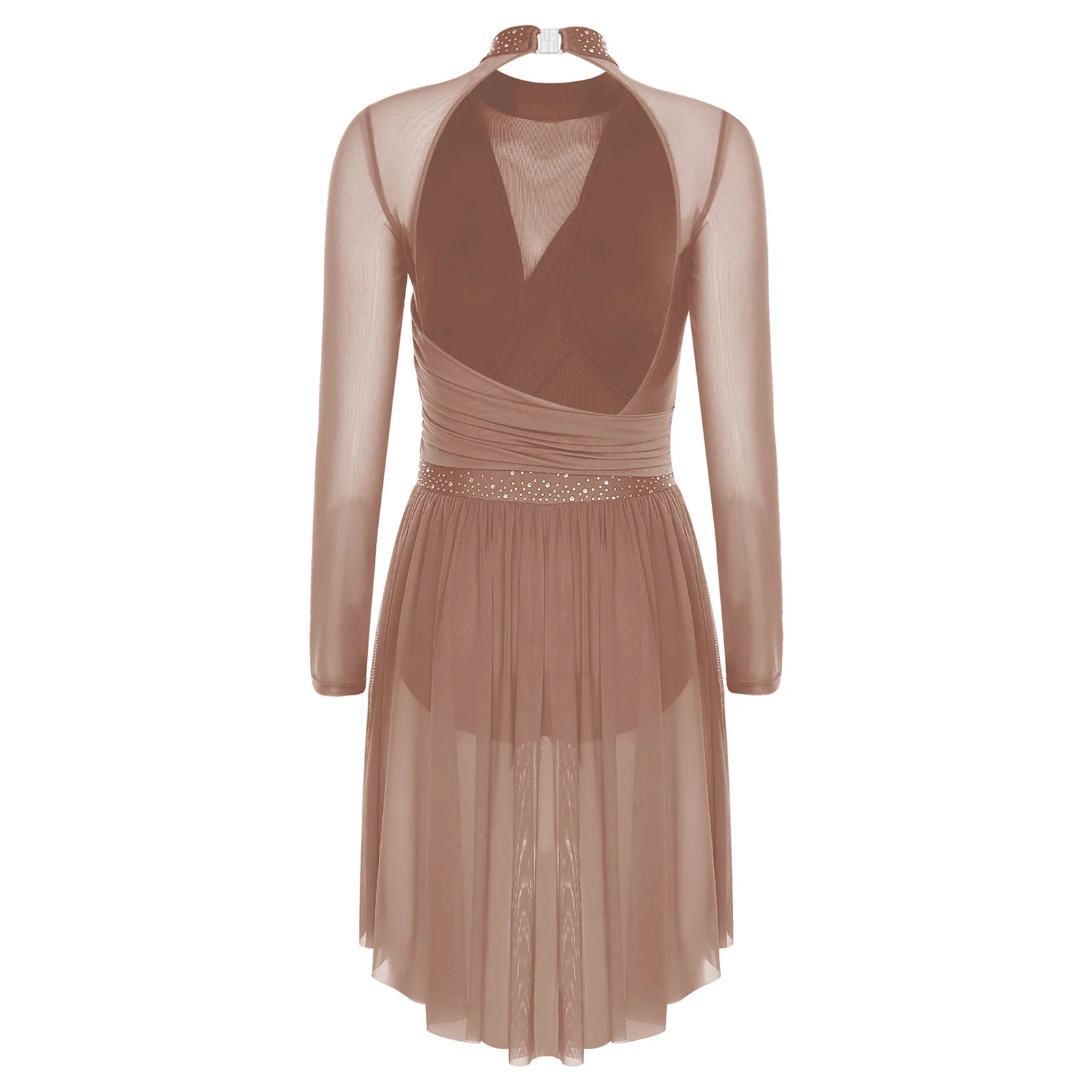 Abito da ballo da donna Costumi di scena di danza lirica moderna contemporanea Abito body senza schienale con strass scintillanti a maniche lunghe