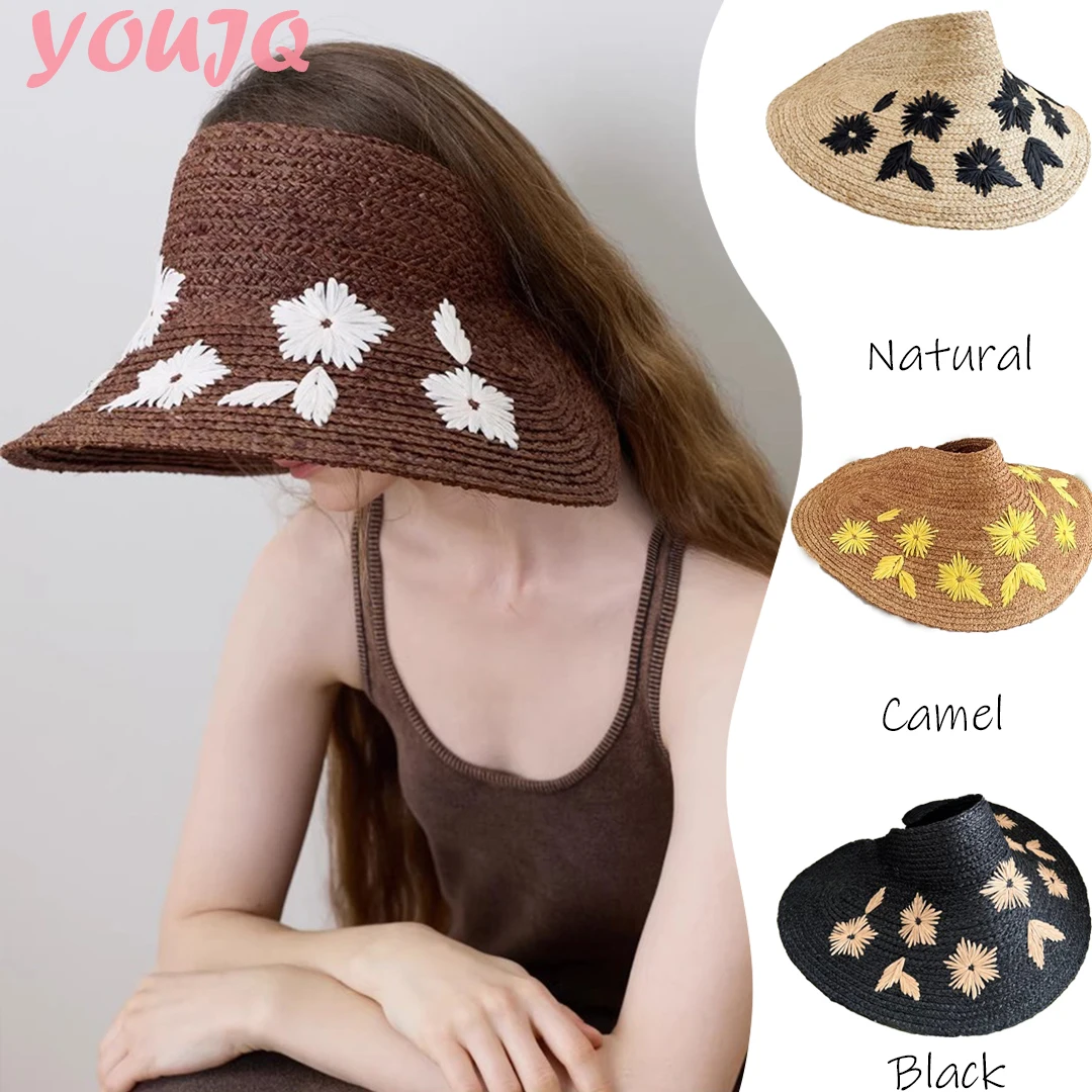 

French Women Raffia Straw Sun Visor Hats for Women Wide Brim UV Protection Floral Crochet Outdoor Vacation Beach Hat Gorros