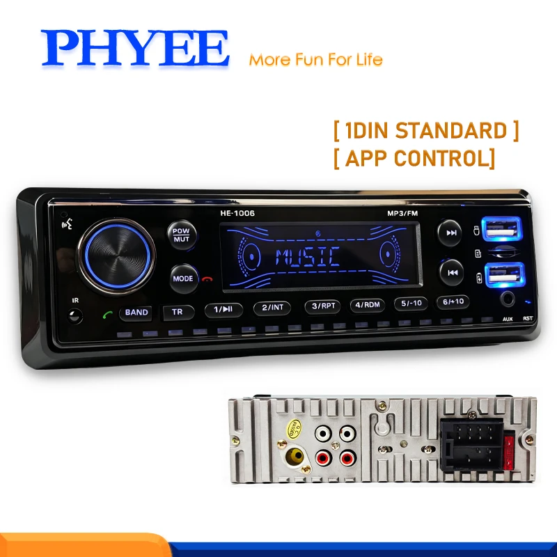 PHYEE 1 DIN Car Radio Bluetooth, App Control, USB MP3 Player, TF Aux-in, FM Receiver, High Power, 7 Color Lighting Head Unit
